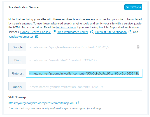 Pinterest verification WordPress HTML code