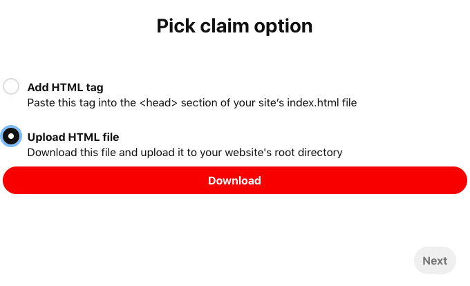 Pinterest verification claim option download HTML file