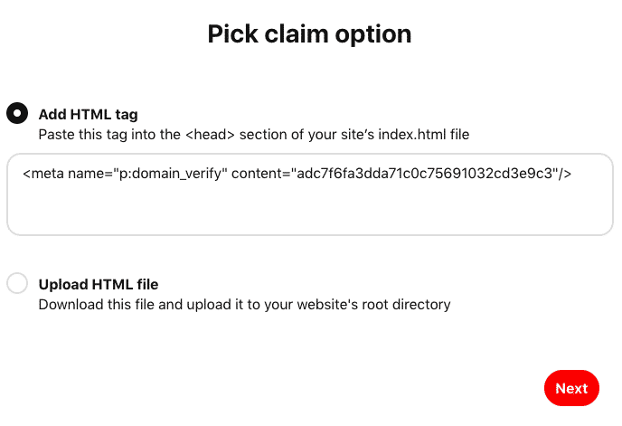 Pinterest verification pick website claim option using HTML tag