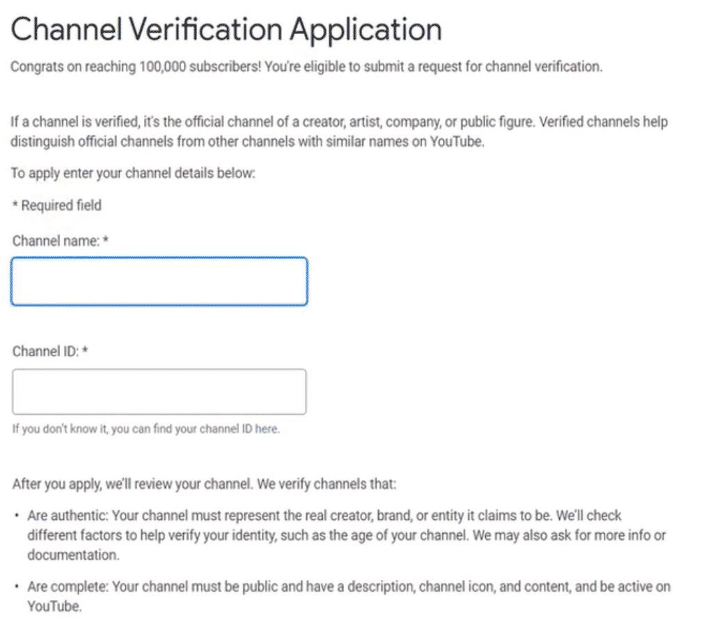 Youtube verification channel application form