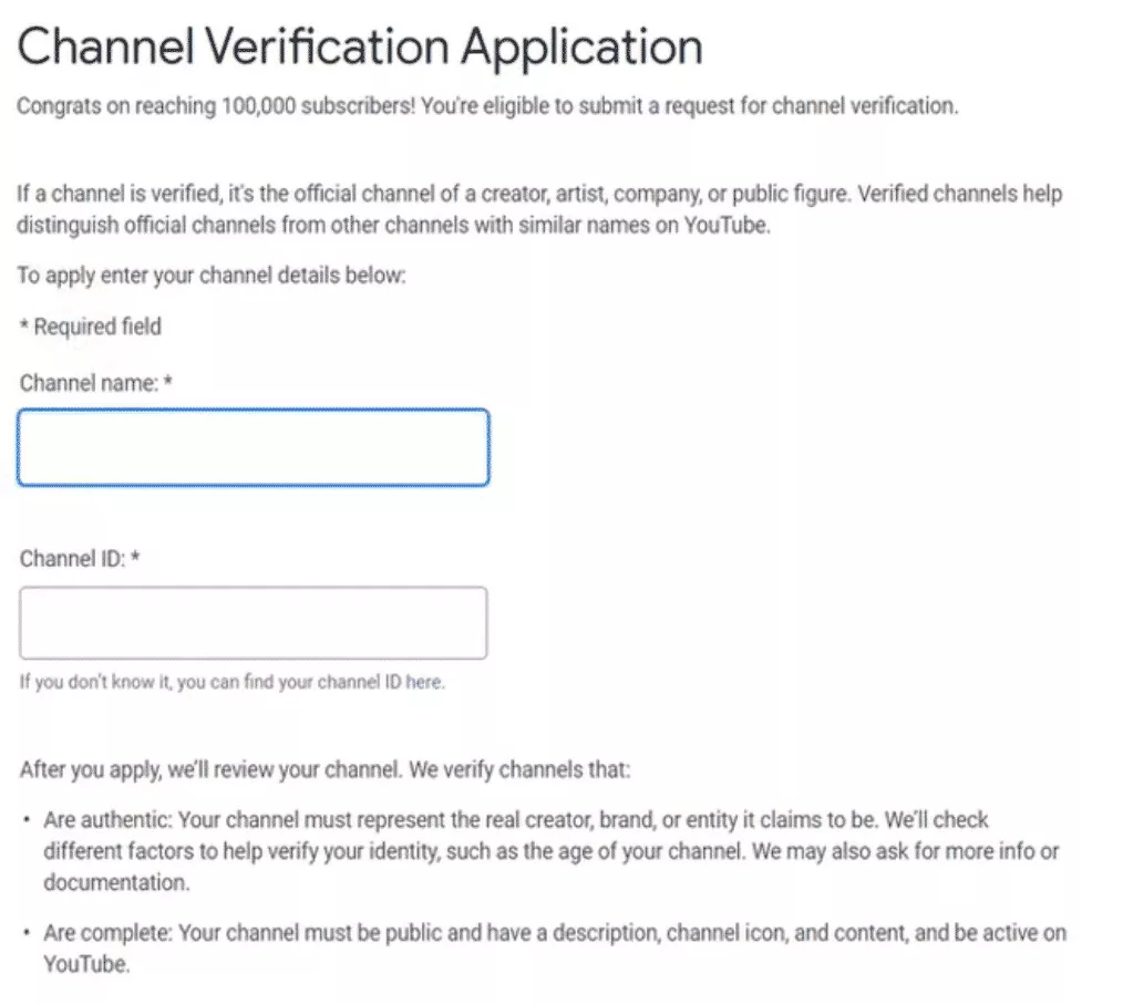 Youtube verification channel application form