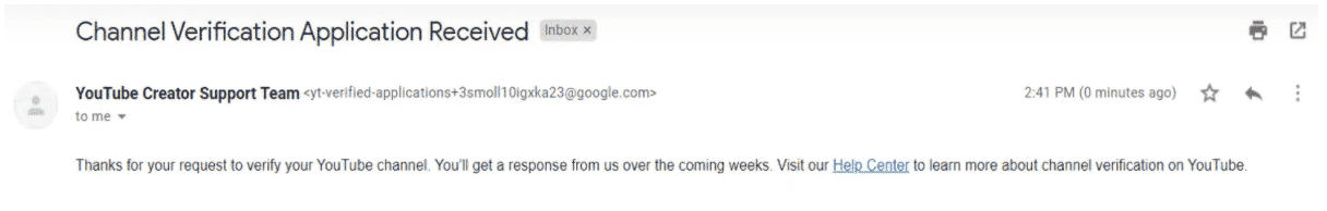 Youtube verification confirmation email